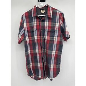 Vans Off The Wall Mens Medium Plaid Short Sleeve Button Down Shirt Red Navy Blue